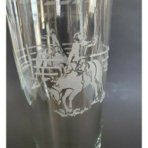 Vtg Rodeo Cowboy Bucking Bronco Tall Etched Pilsner Footed Beer Glass Western